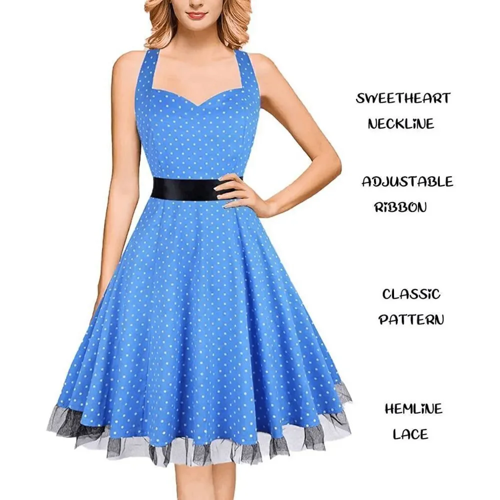 💙 NWT Pinup Retro 1950s Blue Polka Dot Tulle Hem Halter Tea Dress with Belt M - Picture 3 of 14